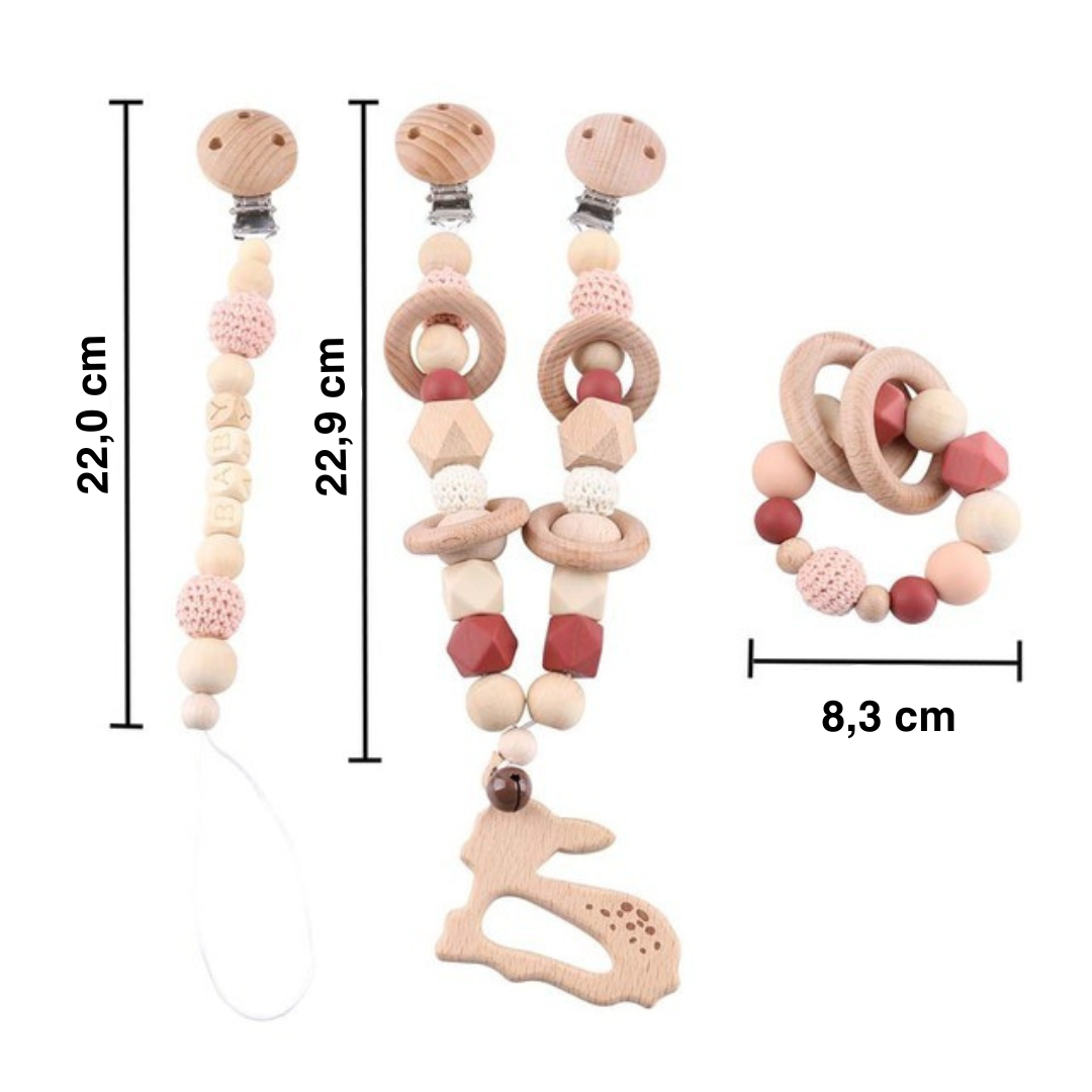 Handgemachtes Babyschnullerkettenset aus Holz