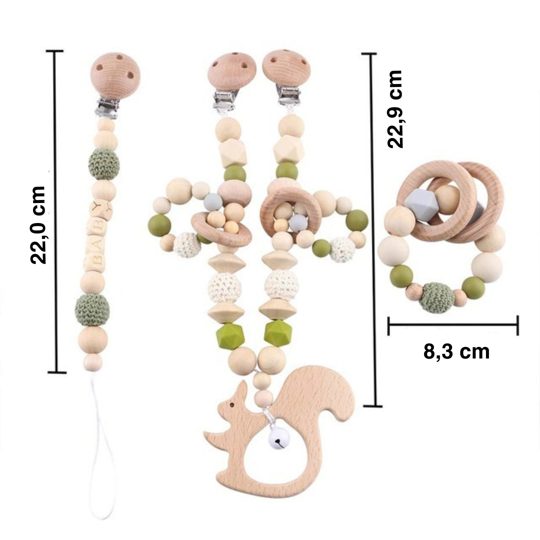 Handgemachtes Babyschnullerkettenset aus Holz
