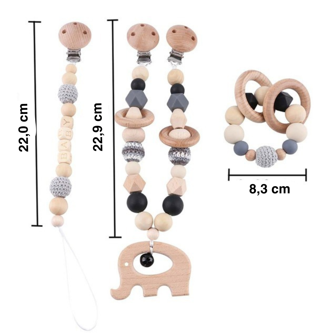 Handgemachtes Babyschnullerkettenset aus Holz
