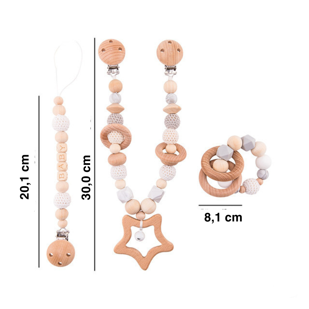 Handgemachtes Babyschnullerkettenset aus Holz